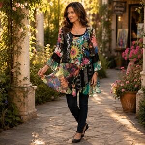 Dor Dor Couture Patchwork Floral Lace Sheer Tunic Top M Artsy Boho Boutique